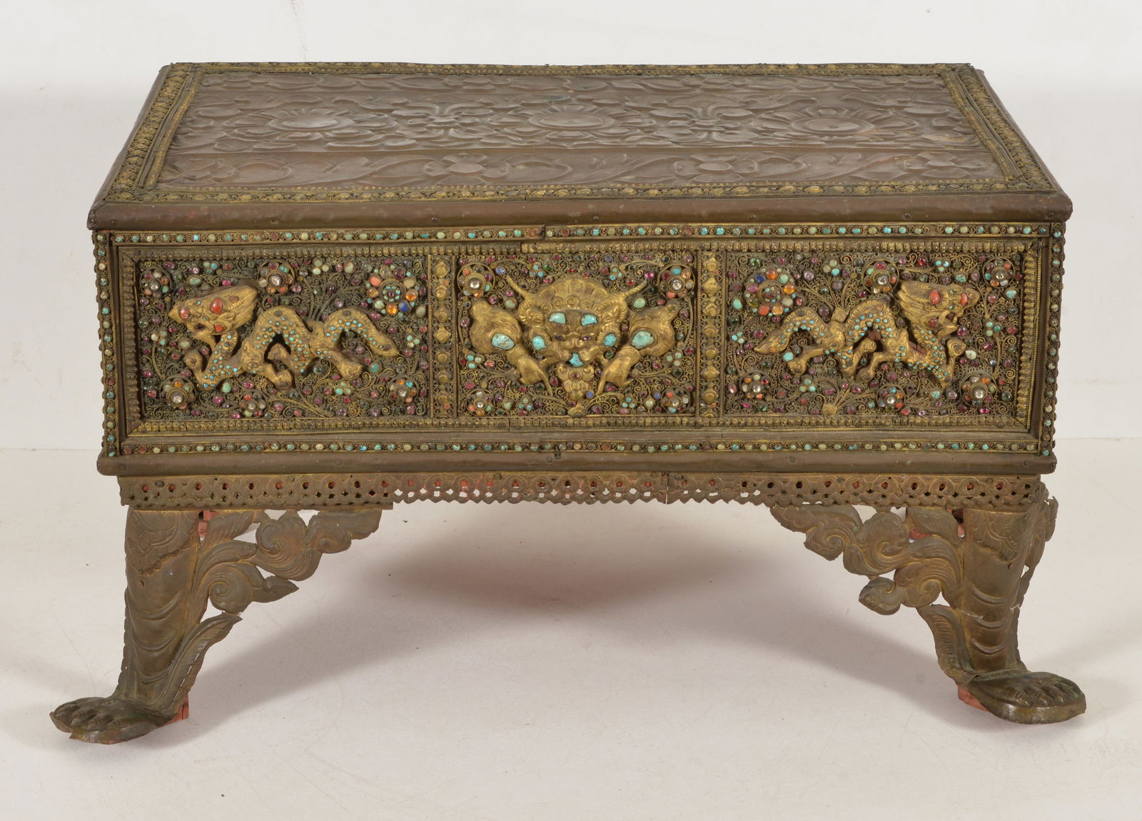 Repousse brass altar. Nepal. 19th century. Various buddhist auspicious animals and objects. All (1 of 6)