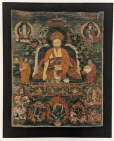 Buddhist icon. Tibet. 16th century. Thangka of Kagyu Lama with lineage figures. Ink and pigments on