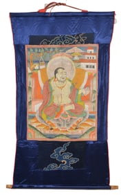 Buddhist icon. Tibet. 19th century. Thangka of Mahasiddhi. Mineral pigments, ink and gilt on heavy