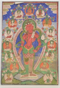 Thangka. Tibet. 19th century. Standing figure of the Red Tara. 29in. As-is.