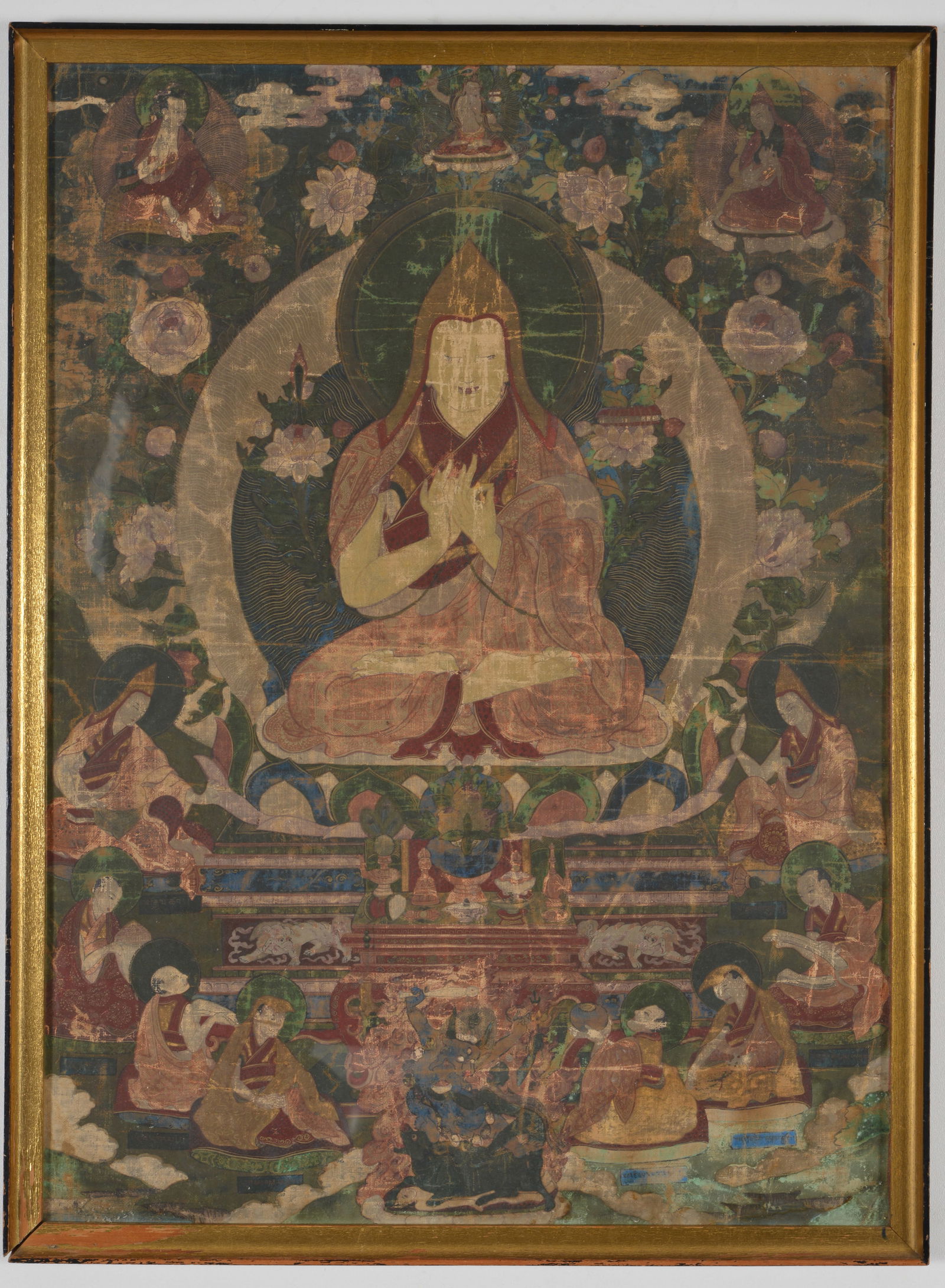 17th/18th century Tibetan thangka. Large central buddhist image surrounded by lineage figures. Loss (1 of 7)