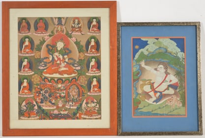 2 Thangkas. Tibet. 18th century. To include: an image of Vajrasattva and lineage figures and an