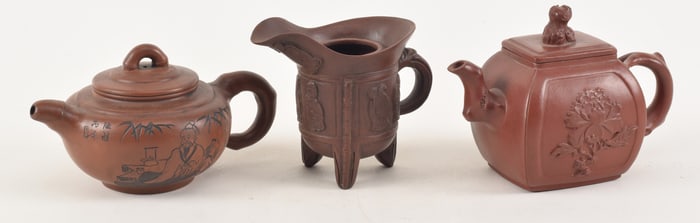 3 Old Chinese Yixing pottery teapots. 1 missing cover. All signed. Incised black design teapot 7in