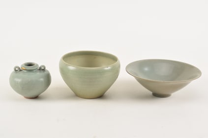 3 early Chinese celadon porcelain pieces. Crackle design bowl and vase, small loop handle floral