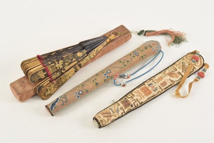 Lot of 3. To include: a boxed 19th century Chinese export lacquer fan, together with 2 fan cases.