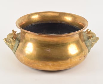 18th/19th century Asian gilt brass and copper wine cooler with buddhist lion mask handles. 18.5 W x