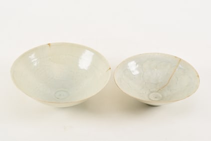 2 song Ying Qing porcelain bowls. 1) Boys decoration with gilt repairs on rim and cracks. 8.25in
