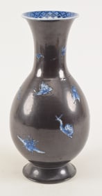 19th/20th century Japanese studio porcelain vase. Metallic dark brown ground with relief blue and