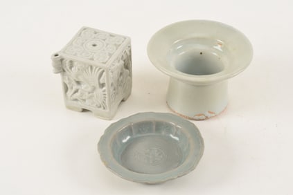 3 Early Korean porcelain pieces. 1) Square water dropper with carved deer-turtle and crane decorated