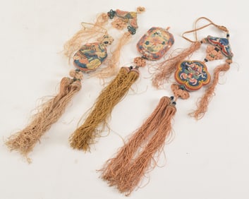 [3] 18th/19th century Chinese silk embroidered plaque-pendants. Floral, bird, bat and butterfly