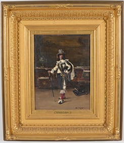 Lajos Bruck. Hungarian. Interior genre scene of elaborately dressed cavalier standing before fine