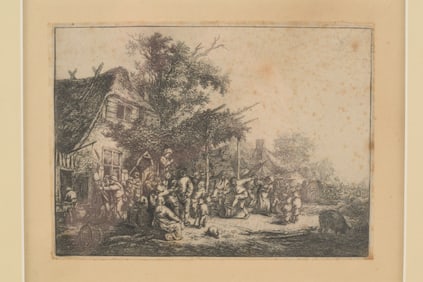 Adriaen van Ostade. "Dance Under the Trellis". Etching. Framed under glass. Sheet size: 5.125 x 7in.