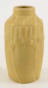 1904 Van Briggle pottery mustard yellow glaze carved arts & crafts floral design vase. Signed and