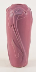 Early Van Briggle pottery relief carved floral decorated arts & crafts vase with light purple glaze.
