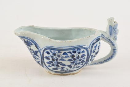 Early blue and white porcelain ewer with lion handle and Ming style floral panel decoration.
