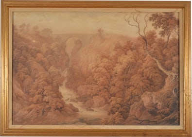 Large 18th/19th century British school watercolor painting of a landscape with a bridge over a gorge