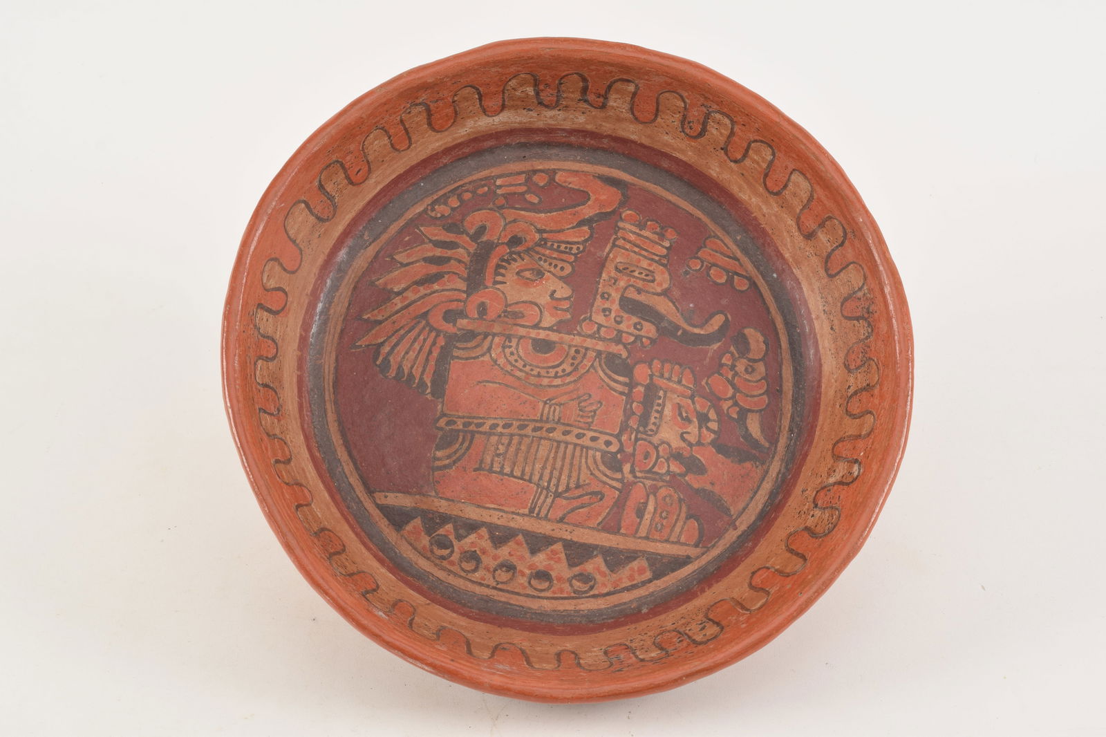 Pre Columbian pottery large rattle bowl. Geometric and figural paint decoration on both sides. (1 of 6)