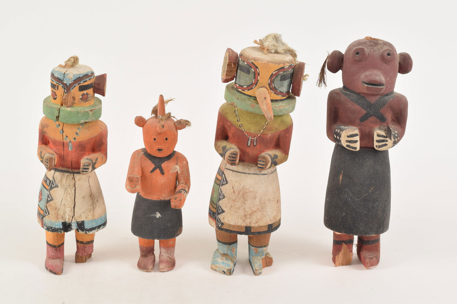 Lot of 4 vintage carved wood Native American Kachina figures. Losses. Largest: 9in high. (1 of 7)