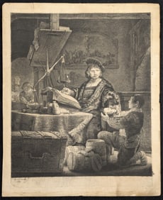 Rembrandt van Rijn. "Jan Uytenbogaert, The Goldweigher". Etching on thin paper with laid backing she