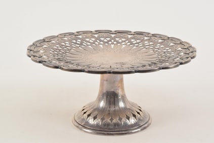 Tiffany & Co. sterling silver footed tazza, elaborate bright cut and openwork top with shell and
