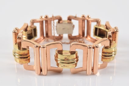 Retro heavy 14K rose and yellow gold link bracelet, ca 1940. Clasp marked 14K. 7in length. 66.6