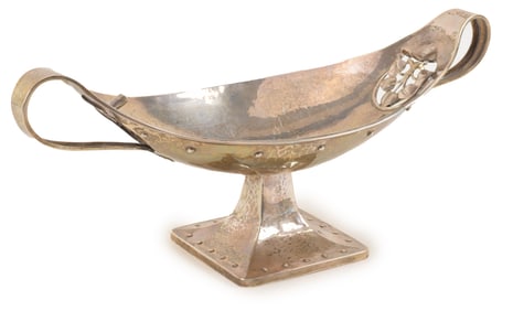 Arts and Crafts sterling silver footed oval center piece. Scroll open handle with foliage panels,