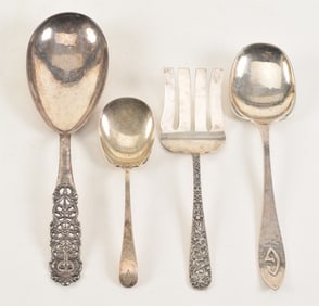 4 Sterling silver serving items, hand hammered berry spoon with applied G, marked, Sterling Kalo, 7