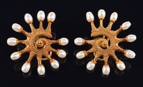 Ilias Lalaounis 18K gold freshwater pearl swirl form earrings. Marked 750. Each about 1.5in