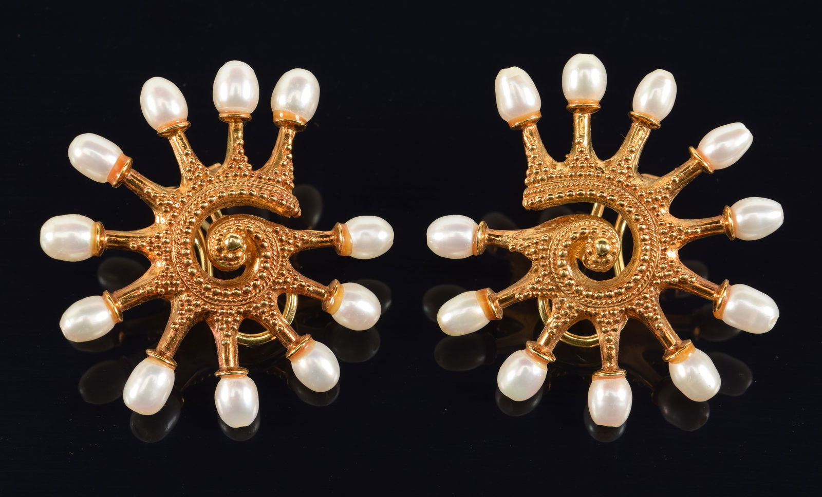 Ilias Lalaounis 18K gold freshwater pearl swirl form earrings. Marked 750. Each about 1.5in (1 of 6)