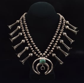 Vintage Southwest Native American silver squash blossom necklace with turquoise mounted crescent