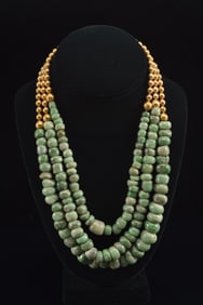 William Spratling 18K gold and Pre-Columbian jade bead necklace. 3 strands of gold beads and small,