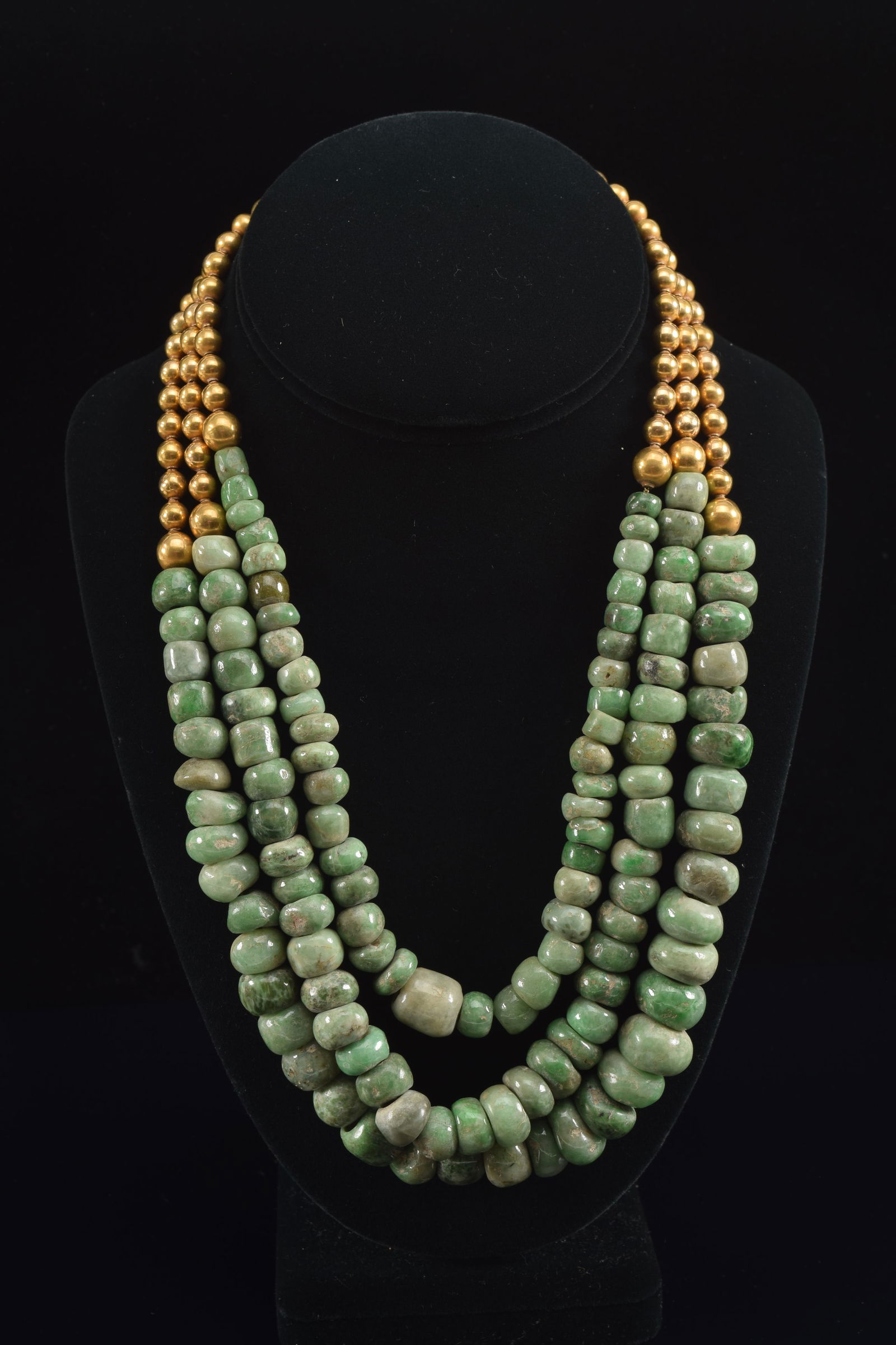 William Spratling 18K gold and Pre-Columbian jade bead necklace. 3 strands of gold beads and small, (1 of 8)