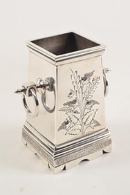 S. Kirk & Son Aesthetic coin silver square tapering vase, repousse floral panels and with bold ring
