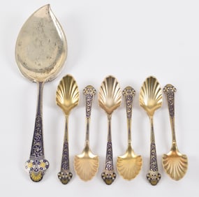 Gorham sterling silver and enamel saber blade pie server and 6 matching coffee spoons, Eastern style