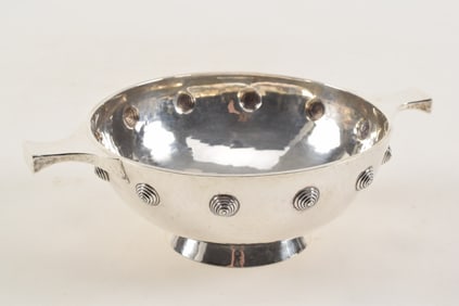 English sterling arts and crafts sterling silver footed double handle bowl, hammered with button