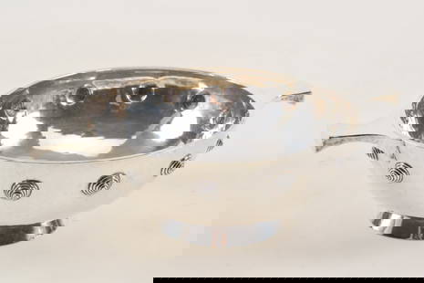 English sterling arts and crafts sterling silver footed double handle bowl, hammered with button: English sterling arts and crafts sterling silver footed double handle bowl, hammered with button side decoration. Goldsmith?s Silver Company London. Diameter, 5.75" 10.8 ozt.