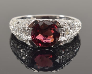 Art Deco platinum 2.43 CT natural Burmese ruby and diamond ring. Round cushion cut ruby stone