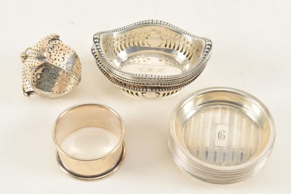 (19) Various sterling silver items, a lantern shape tea ball, a napkin ring, 6 Gorham oval open and
