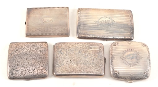 5 Sterling silver vintage cigarette cases, rectangular and square form with floral scroll