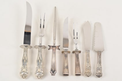 Sterling silver flatware serving utensils, 2 2-piece carving sets, 1 sharpening steel, and 2 cake