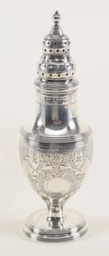 Georgian sterling silver footed muffineer, urn form with bright cut decoration, ribbed and stepped