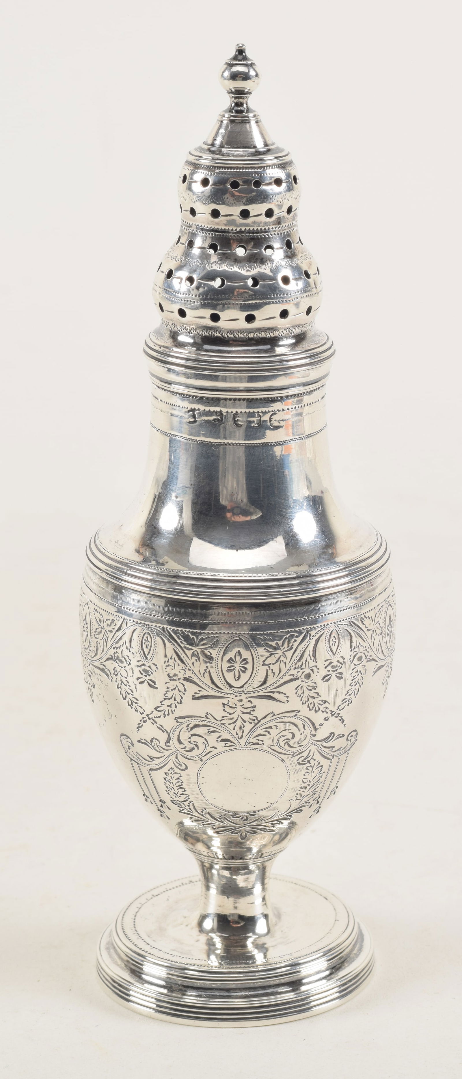 Georgian sterling silver footed muffineer, urn form with bright cut decoration, ribbed and stepped (1 of 6)