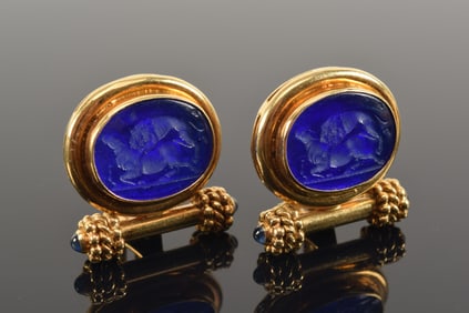 Elizabeth Locke 18K gold intaglio glass earrings. Classical style cobalt blue glass intaglio