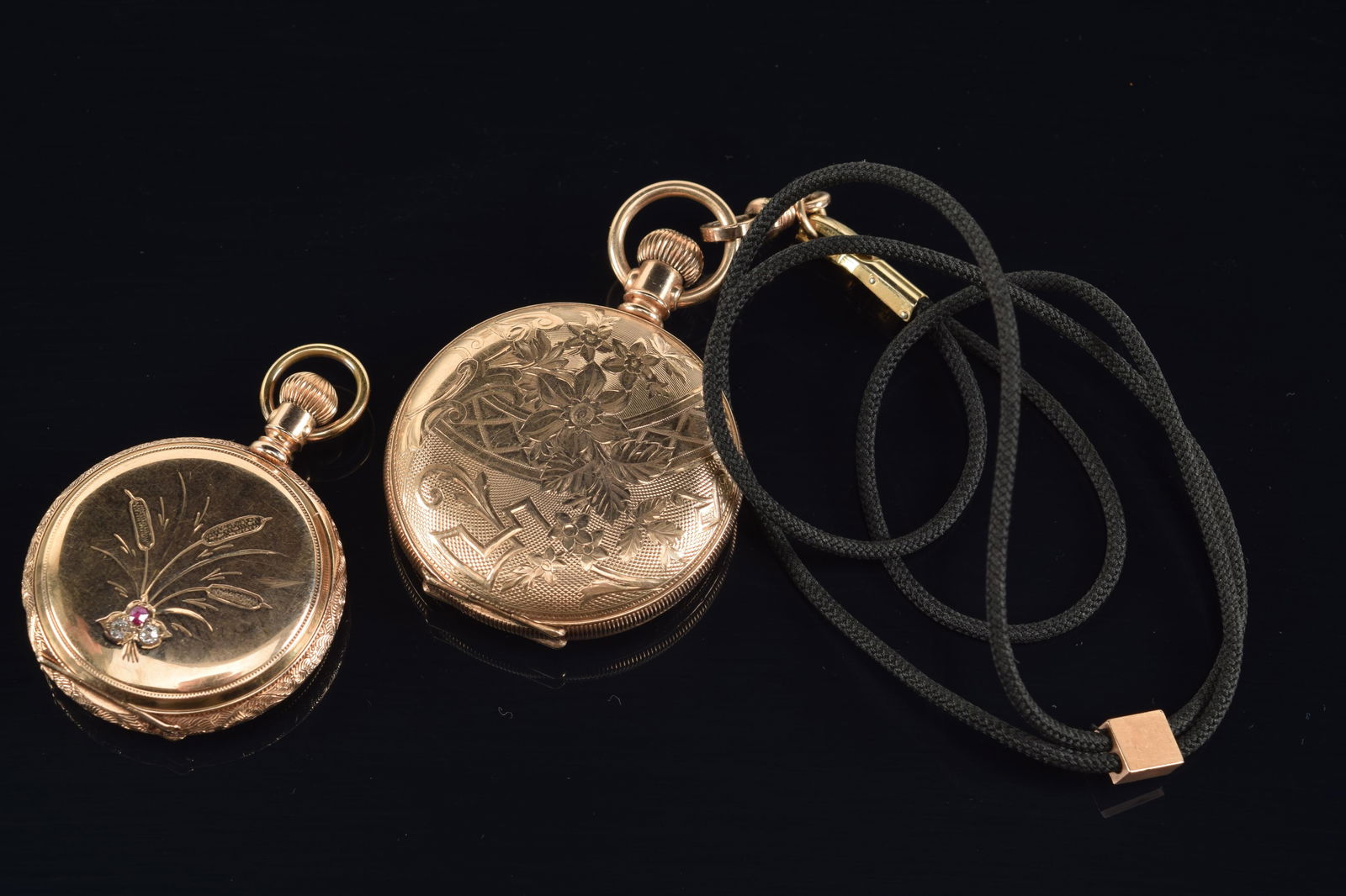 2 Gold plated Waltham pocket watches. One decorated with engraved cat tails and set with 2 round (1 of 6)