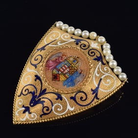 18K gold shield mounted 1909 Hungarian gold coin. Hand painted enamel decoration on face of coin