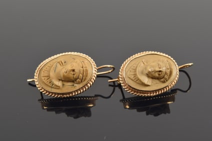 14K gold carved lava stone cameo earrings. Marked 14K. Cameo about 17 x 13mm. 5.3 grams.