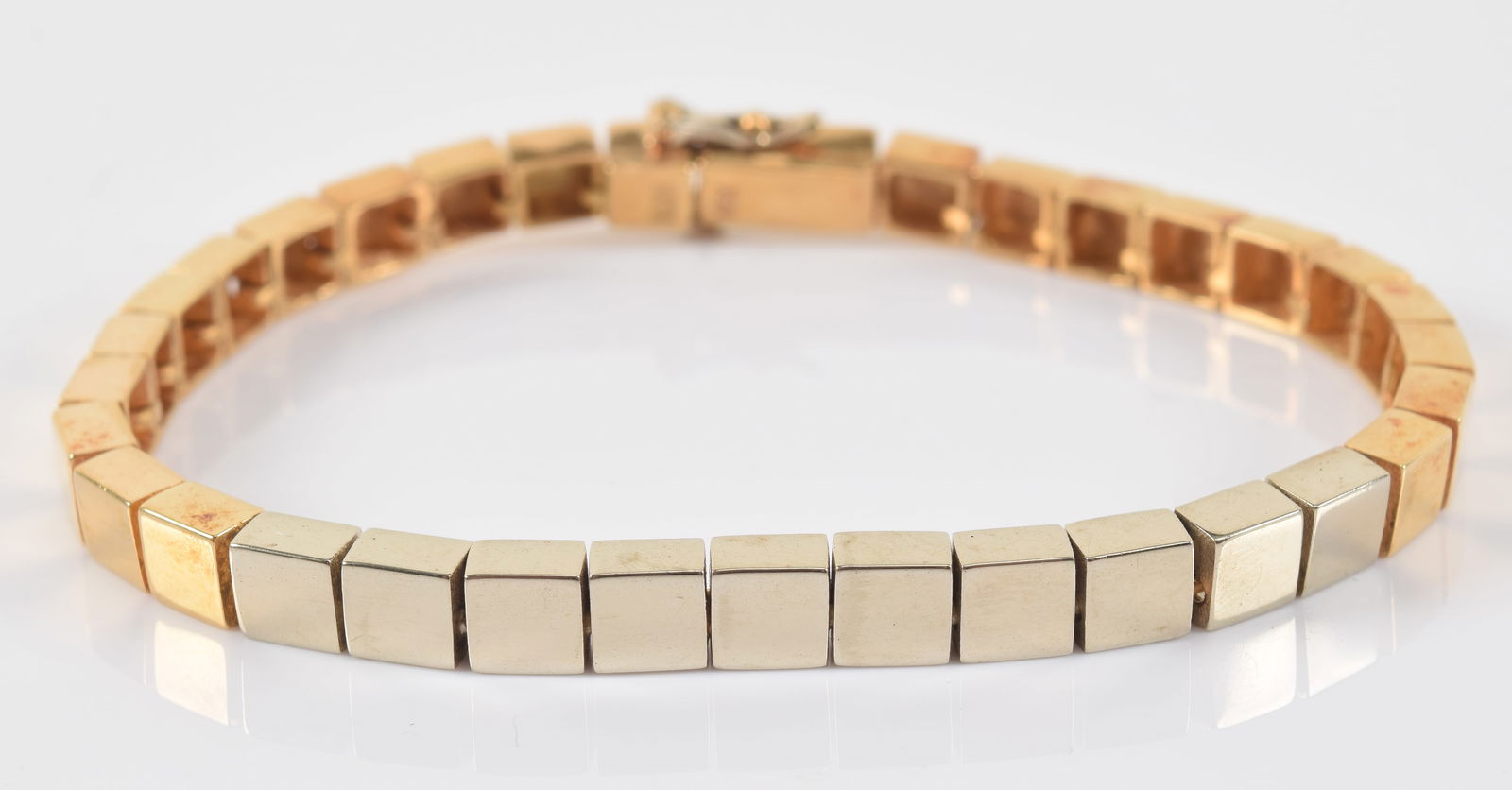 Vintage 18K white and yellow gold block chain bracelet. Marked 750 and ARYA. 7in length. 24 grams. (1 of 5)