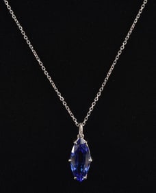 18K white gold 2.50 CT tanzanite pendant necklace. Marquis cut natural tanzanite stone measuring