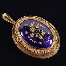 18K gold enamel decorated pin-pendant. Floral enamel decoration on a blue enamel ground. Hallmarked