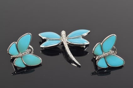 18K white gold turquoise and diamond mounted dragonfly pin and butterfly earring jewelry suite. Each
